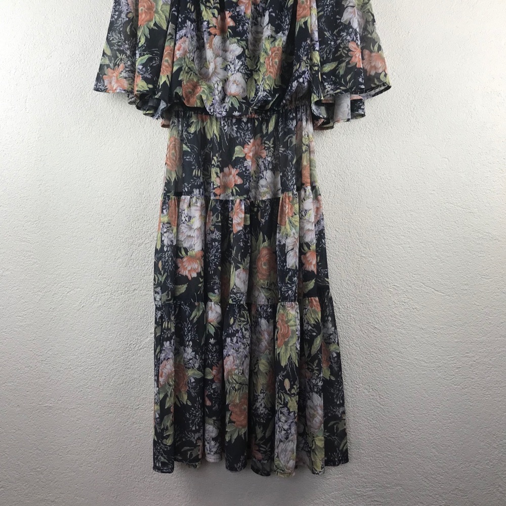 Vintage l 70s M Bohemian Cottagecore Floral Semi-Sheer Cape Flutter Sleeve Dress - Picture 4 of 14